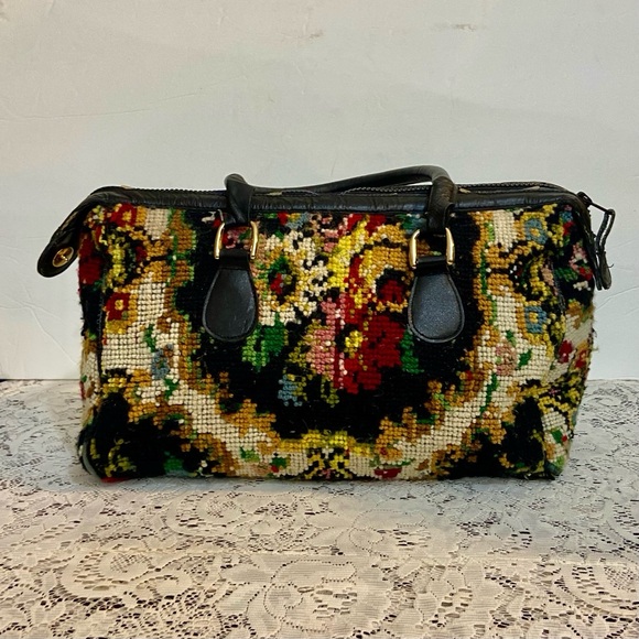 Vintage, Jana, Black, Floral, Hand Made Tapestry Handbag 13in L x 10in H x 4in W - Picture 7 of 12